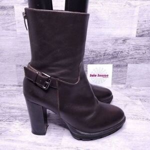 Bruno Premi Mid Calf Leather Buckle Strap Heeled Boot Brown sz 38 Women's sz 7.5